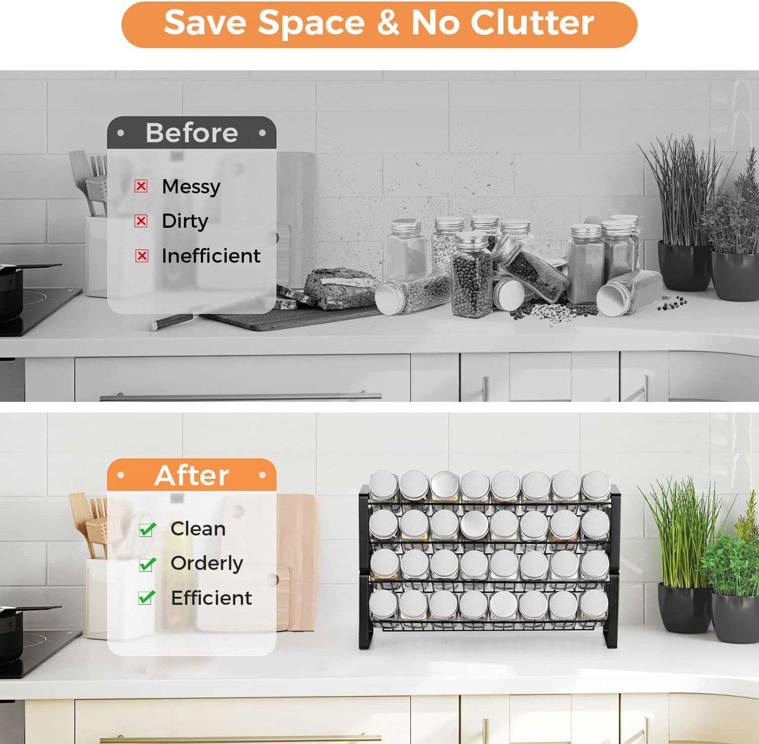 JONYJ Spice Rack Organizer for Cabinet, 4-tier Spice Organizer, Expandable Seasoning Organizer, Stackable Spice Rack Wall Mount, Black Frosted Iron Countertop Spice Rack for Drawer