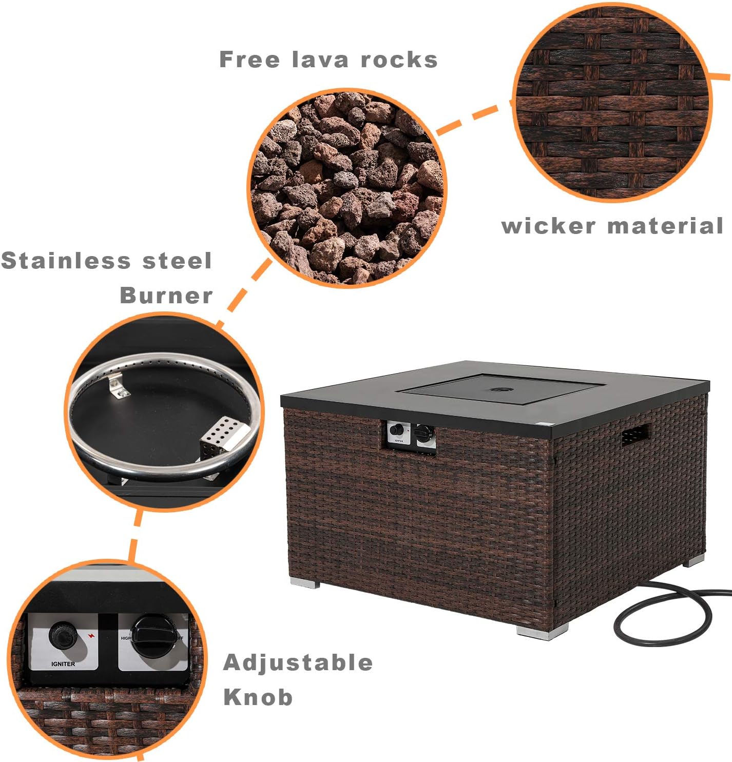 COSIEST Outdoor Propane Fire Pit 32-inch Square Espresso Brown Wicker Fire Table, 40,000 BTU Stainless Steel Burner,Fits 20lb Tank Outside, Free Lava Rocks and Cover
