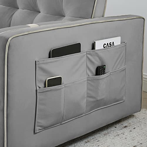 Fefances 3-in-1 Sleeper Sofa Couch Bed: Small Tufted Velvet Convertible Loveseat Futon with Pull-Out Bed, Adjustable Backrest, Cylinder Pillows - Ideal for Living Room or Apartment, Grey