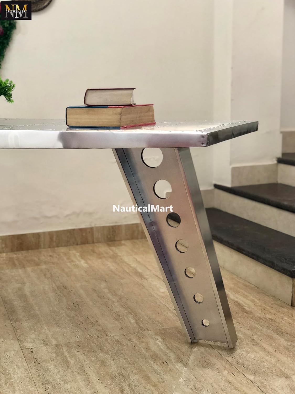 NauticalMart Airfoil Desk Aluminum | Aviator Wing Desk Industrial Airplane Desk Furniture Silver Aviation Furniture