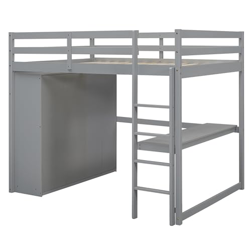Harper & Bright Designs Full Size Loft Bed with Built-in Wardrobe, Desk, Storage Shelves and Drawers, Solid Wood Loft Bed Frame, White
