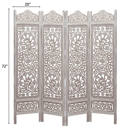 Room Divider Wood Screen - Ghanti Bells Antique Brown - 4 Panel Folding 72 x 80 - Assembled Hand Carved Decorative Functional Versatile Portable Partition Reversible Privacy Boho - COTTON CRAFT