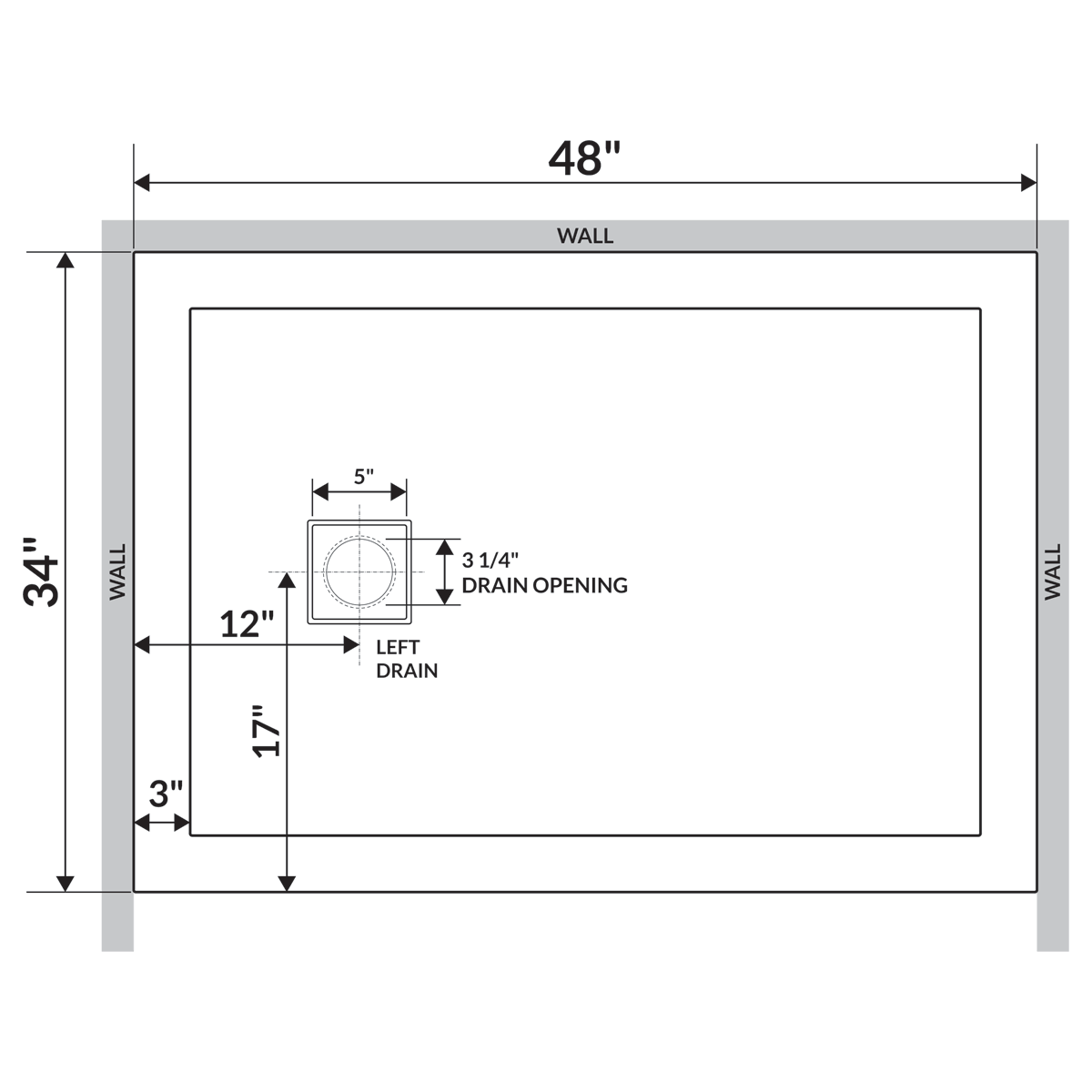 LessCare 48 x 34 Single/Double Threshold Shower Base Pan Right/Left Drain, White