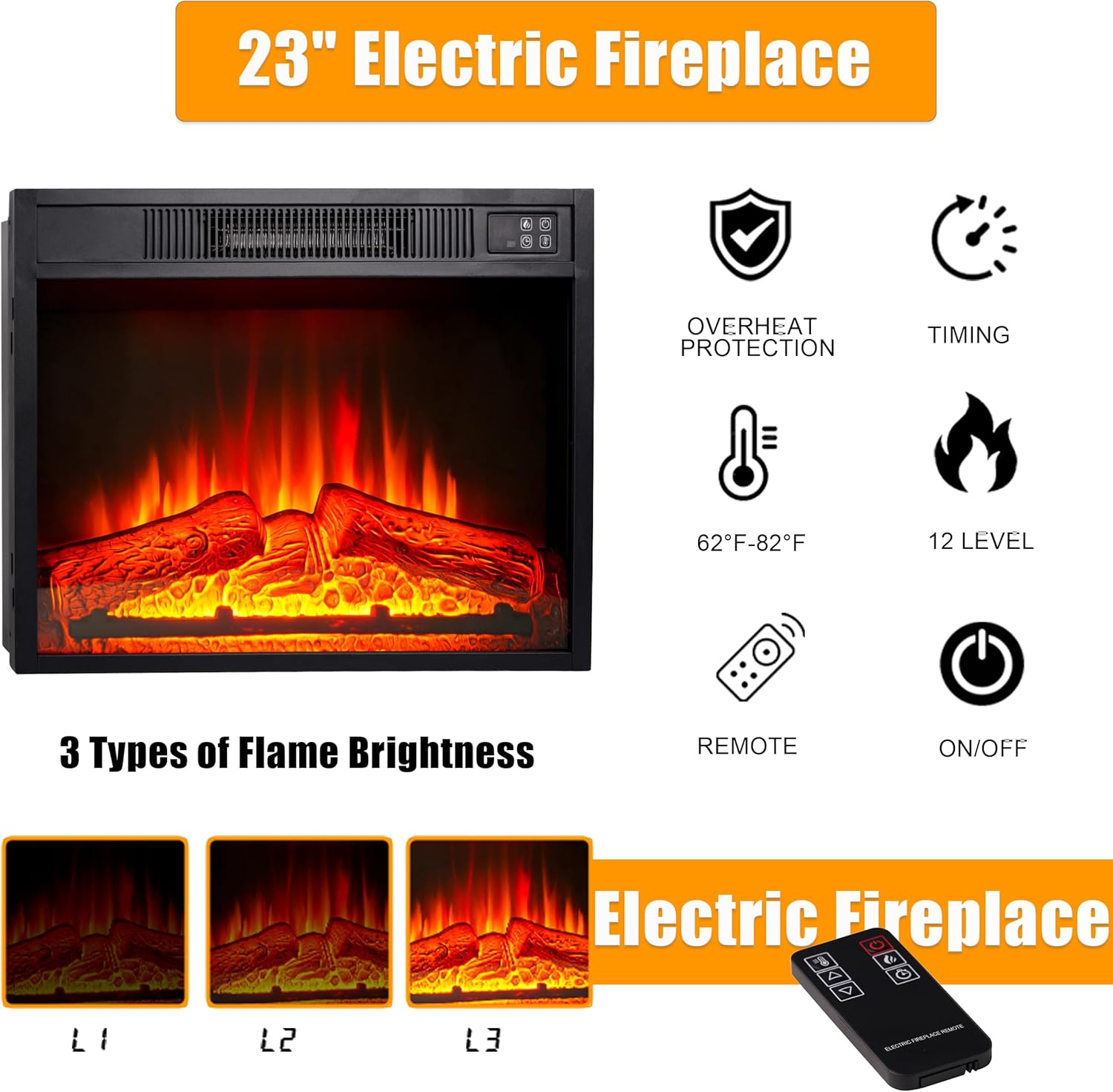 44 Inch Carved Pilasters Electric Fireplace with Mantel, Tall Fire Place Heater Freestanding, Realistic Stacked Stone Surround with Remote Control Timer LED Flame for Living Room, Bedroom