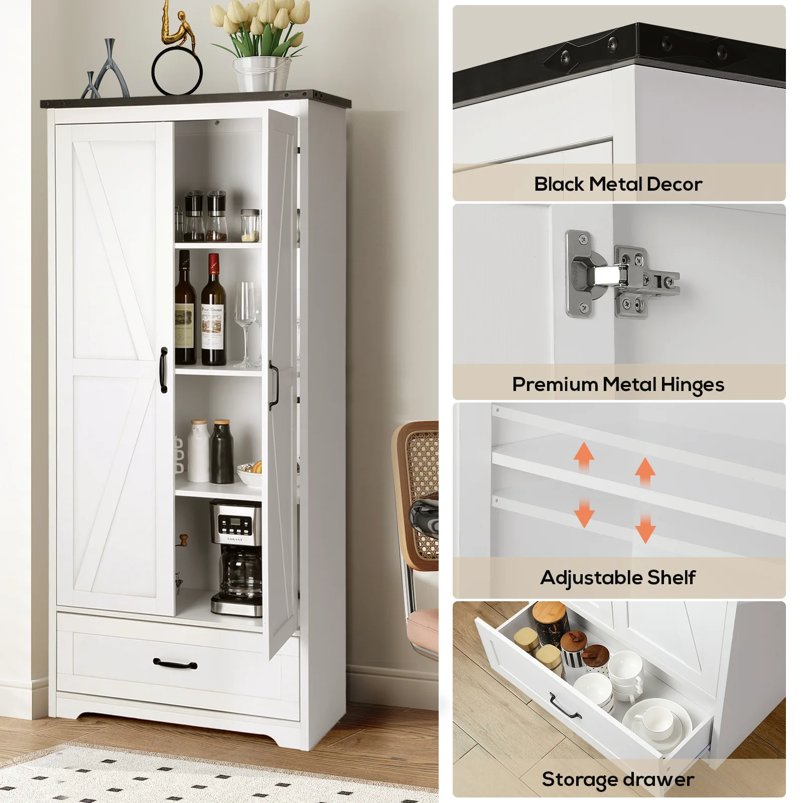 71" Tall Farmhouse Kitchen Pantry, Large Wood Storage Cabinet with Drawer & 2 Barn Doors, Versatile Storage with Adjustable Shelves, for Dining Room, Bathroom, Living Room, White