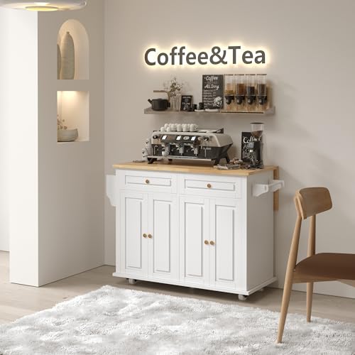 Rolling Kitchen Island with Drop Leaf, Mobile Kitchen Carts on Wheel with Storage Cabinet, Drop Leaf Island Table for Kitchen with Towel Rack and Drawer, White
