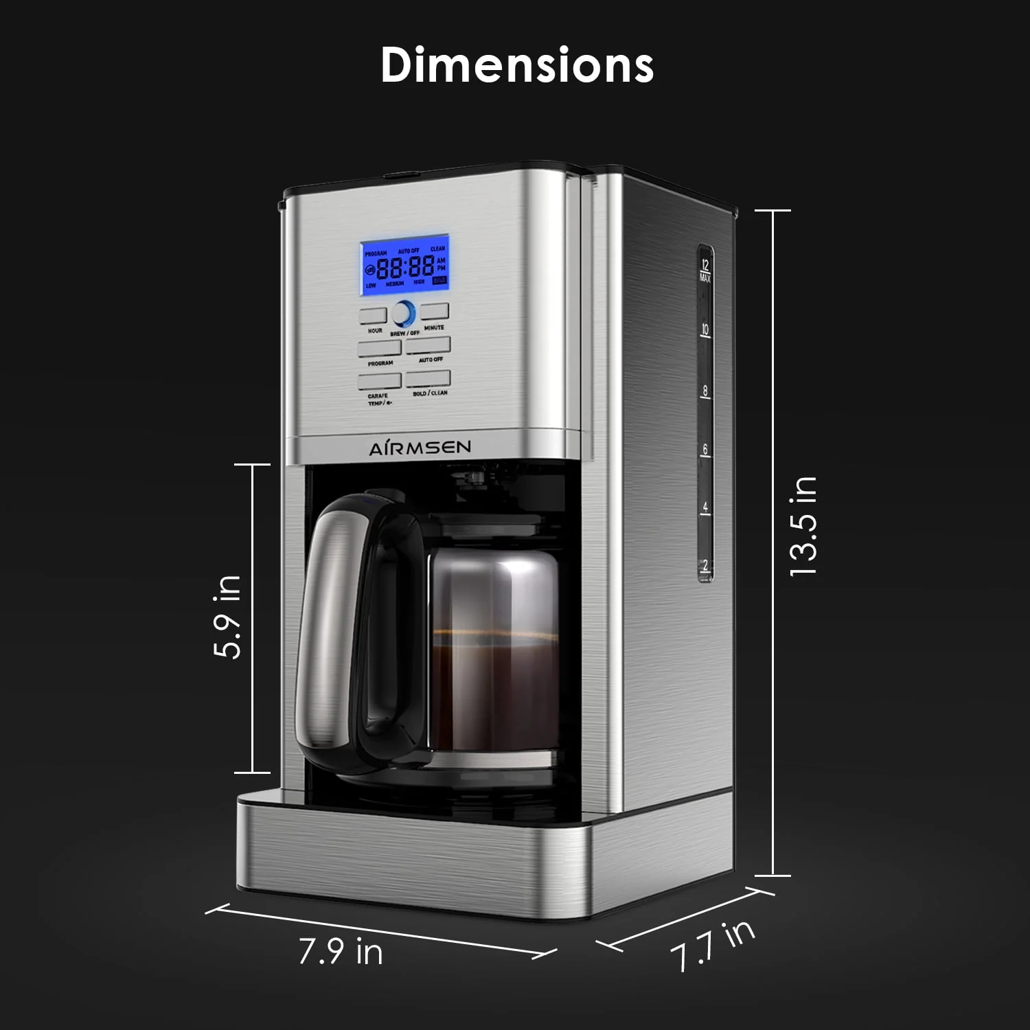 AIRMSEN Stainless Steel 12 Cup Drip Coffee Maker, Programmable Coffee Machine Self-Cleaning