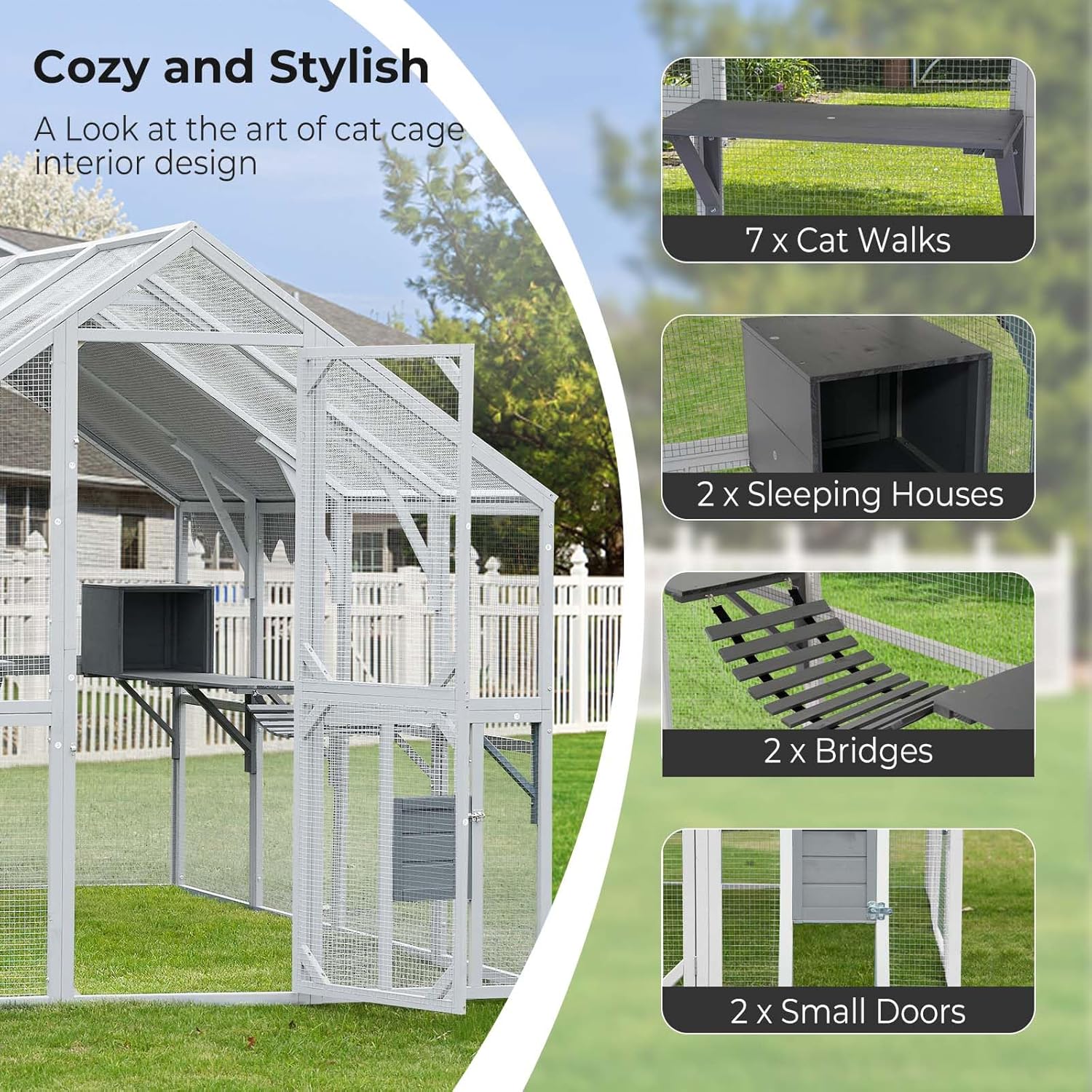 Large Catio Outdoor Cat Enclosure Large for Multiple Cats, Wooden Outside Cat House with Waterproof Cover, Bridges, Walks(111''L×74''W× 72''H)