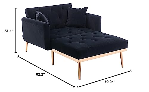 HomSof Adjustable Backrest Chaise Lounge Velvet Sofa Bed with Thick Padded, Convertible Reclining Chair with Rose Golden Metal Legs