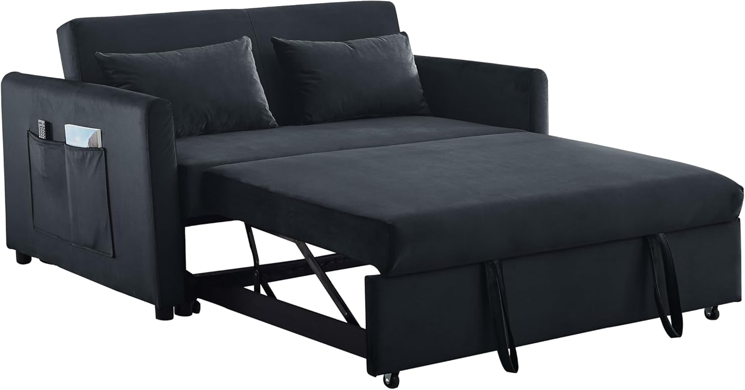 54 Inch Convertible Sleeper Sofa, 3-in-1 Versatile Velvet Loveseat with Pullout Bed, Couch with Adjustable Backrest, Lumbar Pillows and Side Pockets for Living Room Bedroom Apartment, Black