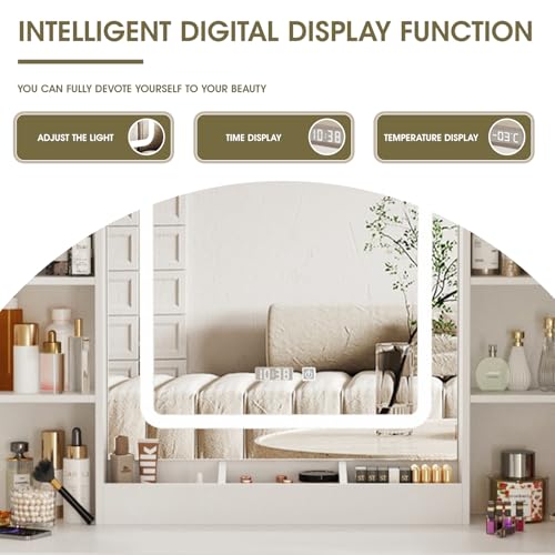 Vabches Makeup Vanity Desk, Vanity Mirror with Lights Desk and Chair,Makeup Table with 3 Large Drawers and 2 Cabinets, Time and Temperature Display, 3 LED Lighting Modes Adjustable, White