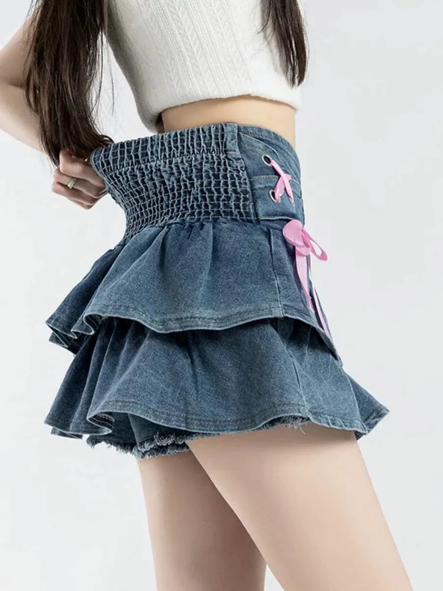 'Denim Doll' Coquette Ribbon Lace Up Ruffle Mini Skirt