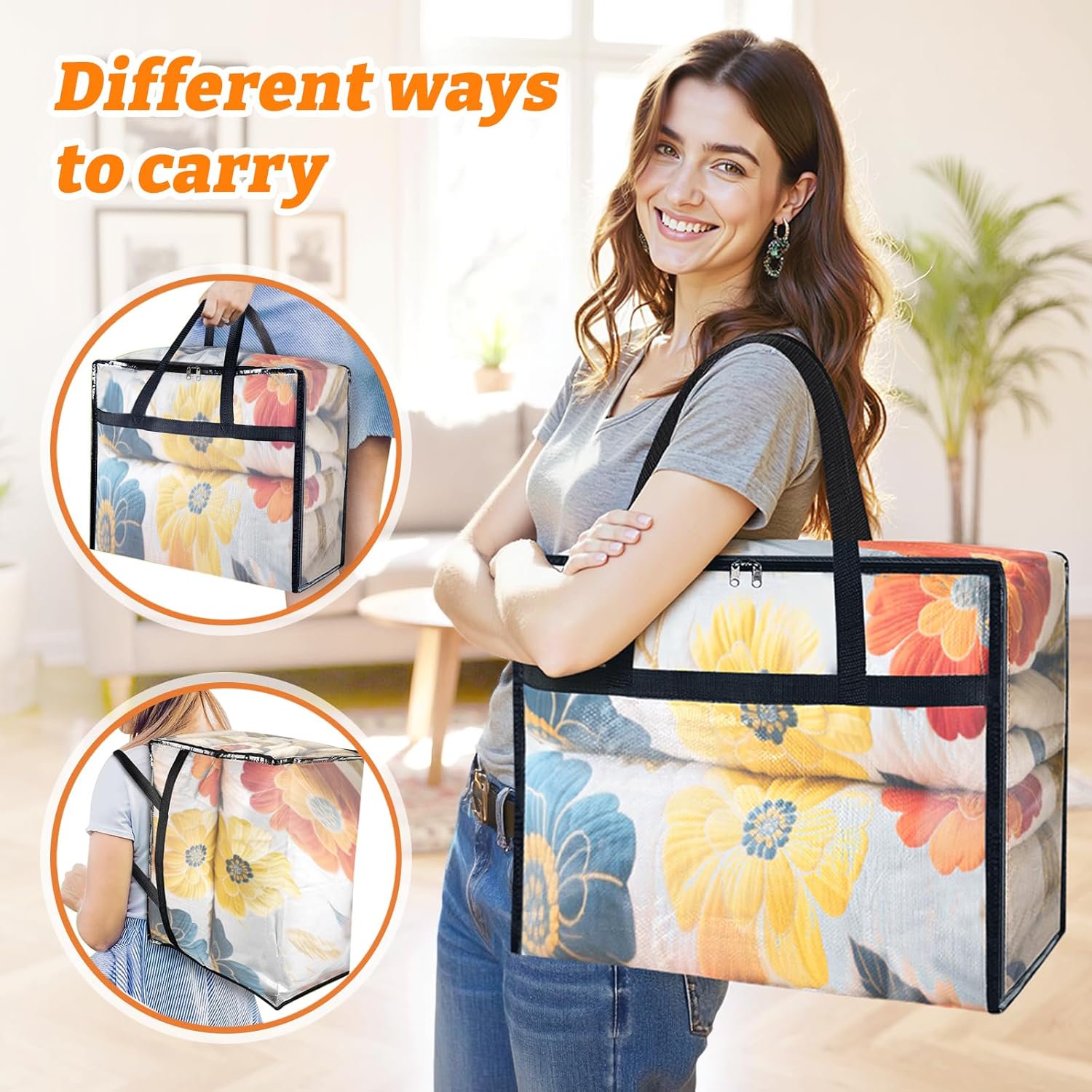 4 Pack Clear Clothes Storage Bags, Moving Bags, Foldable Blanket Storage Under Bed Storage Containers with Sturdy Zipper and Handle for Clothing, Comforter, Bedding, Sheet (40L)