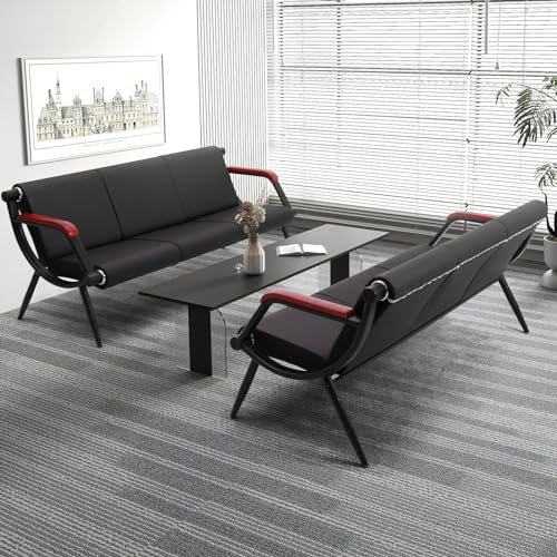 Waiting Room Bench with Wooden Armrest, PU Leather Office Furniture, Lobby Conference Reception Bench, Office Guest Seating for Clinic,Airport,Hospital,Barber,Salon,Bank(Black, 2)