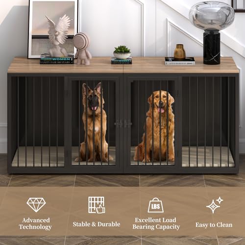 Large Dog Crate Furniture for 2 Dogs, 71.6'' All Steel Frame Dog Crate with Double Doors, Heavy Sturdy Dog Kennel for Small Medium Large Dog, Indoor Double Dog Cage with Wooden Top (White)