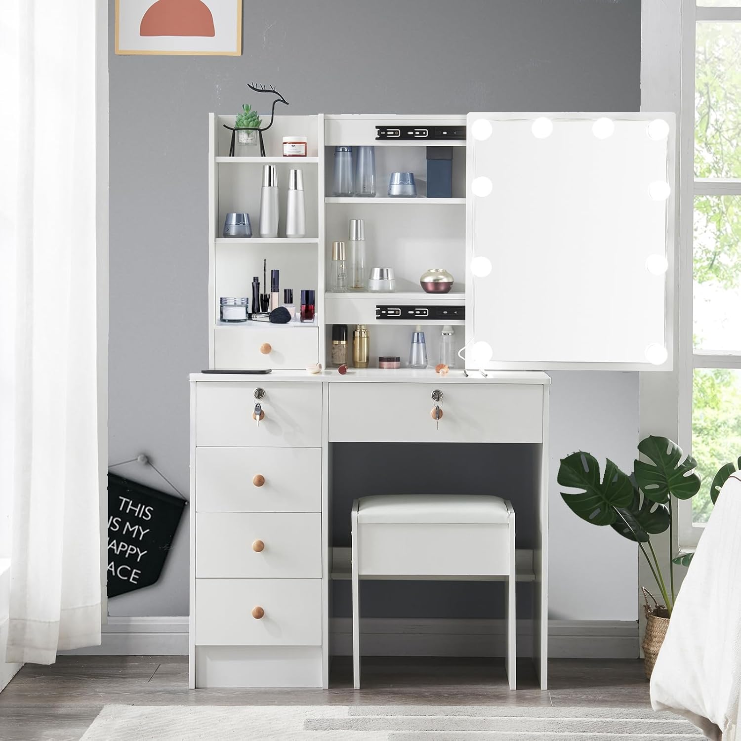 Vanity Desk with Lights,Makeup Vanity with Drawers, Vanity Set 3 Lighting Modes Brightness Adjustable, Dressing Table with Cushioned Stool for Bedroom (Modern LU05), 80*40*130CM, White