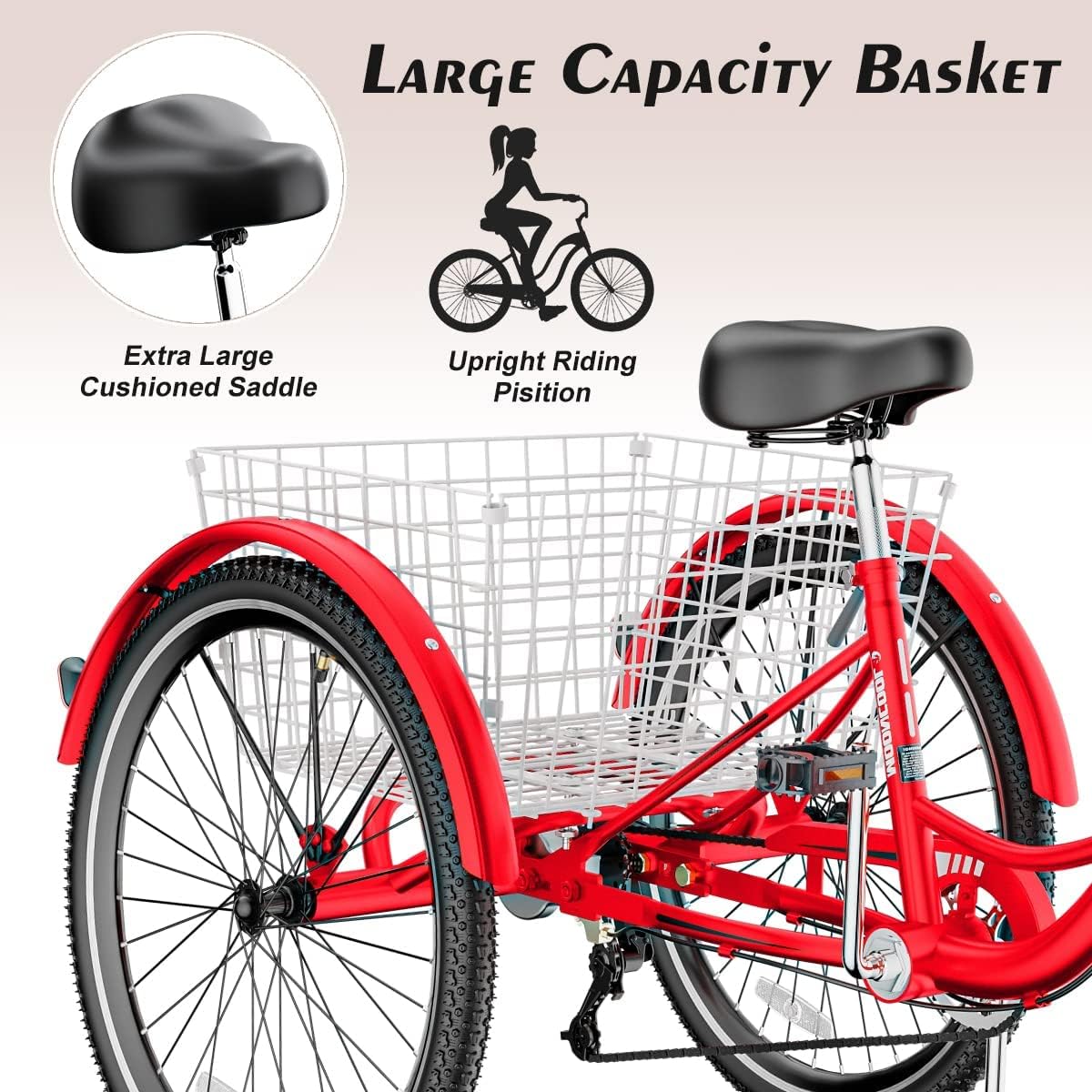 Adult Tricycle 7 Speed 3 Wheel Bike Adult Trikes, Three-Wheeled Bicycles Cruise Trike with Basket for Seniors, Women, Men for Recreation Shopping (24", Red)