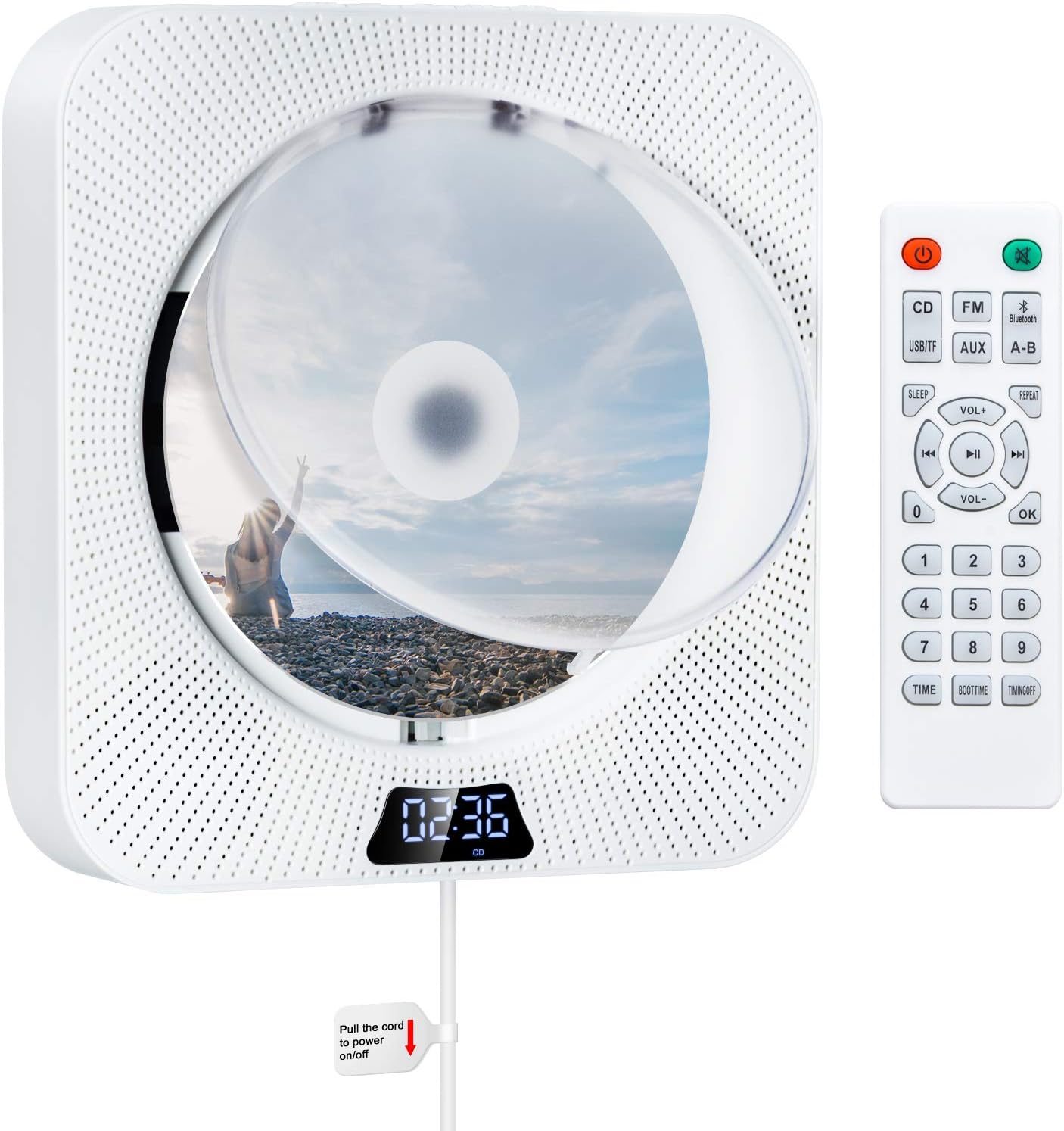 CD Player Portable with Bluetooth Wall Mountable CD Music Player Personal Home Audio Boombox Built-in HiFi Speakers FM Radio with Remote Control 3.5MM Headphone AUX Jack Support CD/USB/TF Card