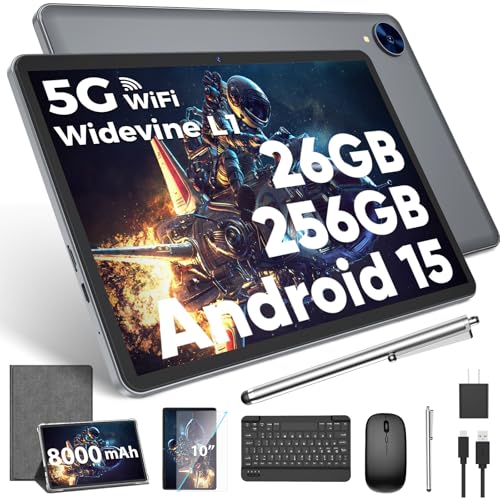Android 15 Tablet with Keyboard, 26GB RAM, 256GB ROM(2TB Expand), 10.1 inch Octa-Core Tablets, 5G/2.4G WiFi, 8000mAh Battery, BT 5.0, GMS Certified, with Mouse, Case, Stylus, Split screen(Green)