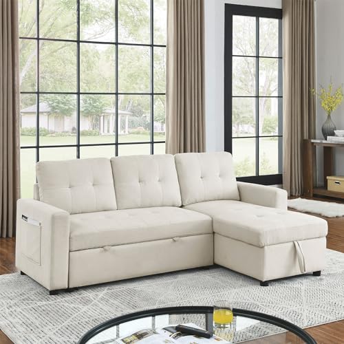 Reversible Sleeper Sectional Sofa, Chenille Fabric Convertible Pull Out Sleeper Sofa Bed with USB Ports, L-shaped Sectional Couch with Storage Chaise for Apartment Living Room, Light Gray