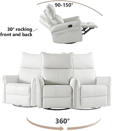 Swivel Rocker Recliner, Leather Rocker Recliner with 360 Degree Swivel & Reclining Function, Glider Recliner Nursery Chair with Adjustable Footrest and Pocket, Recliners for Small Spaces