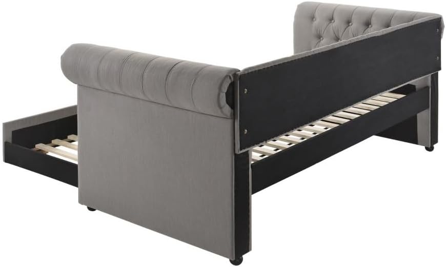 Coaster Furniture Kepner Modern Twin Size Tufted Upholstered Daybed with Trundle Rolled Arm Nailheads Gray Fabric 300549