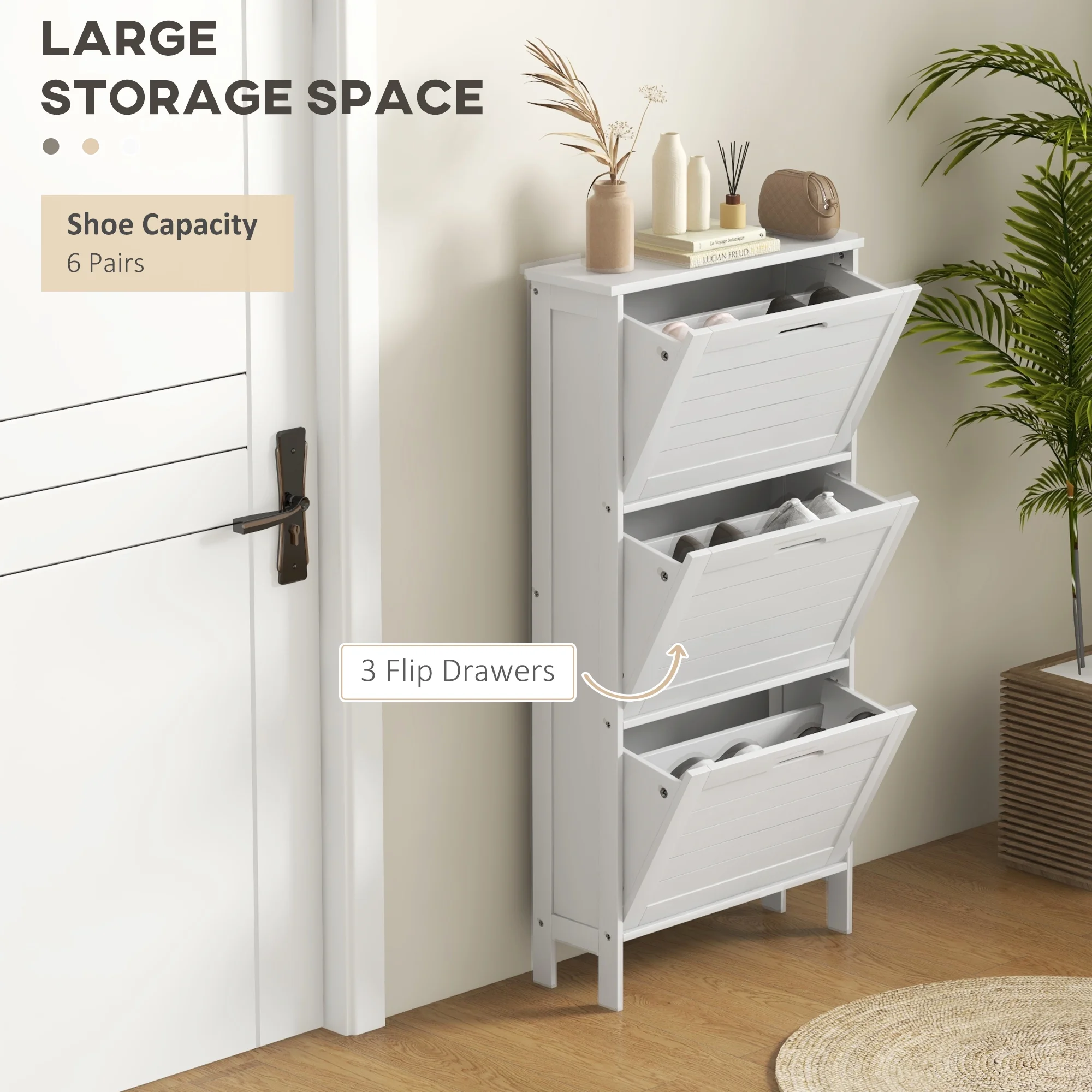CoSoTower Narrow Shoe Storage Cabinet for Entryway with 3 Flip Drawers, Slim Shoe Rack Organizer with Louvered Doors for 6 Pairs of Shoes, White