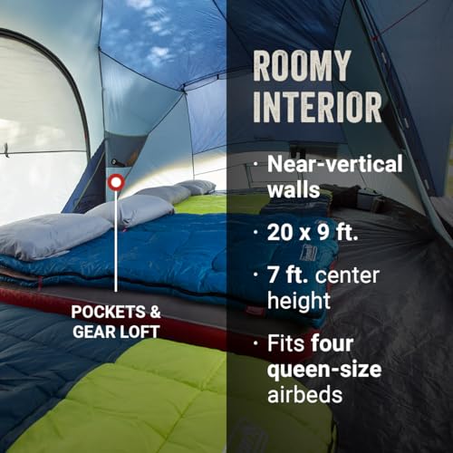 Coleman Skydome XL Large Family Tent with 5 Minute Setup, Weatherproof 8/12 Person Tent with Rainfly & Carry Bag, Fits Multiple Queen Airbeds, Made of PFAS-Free Materials