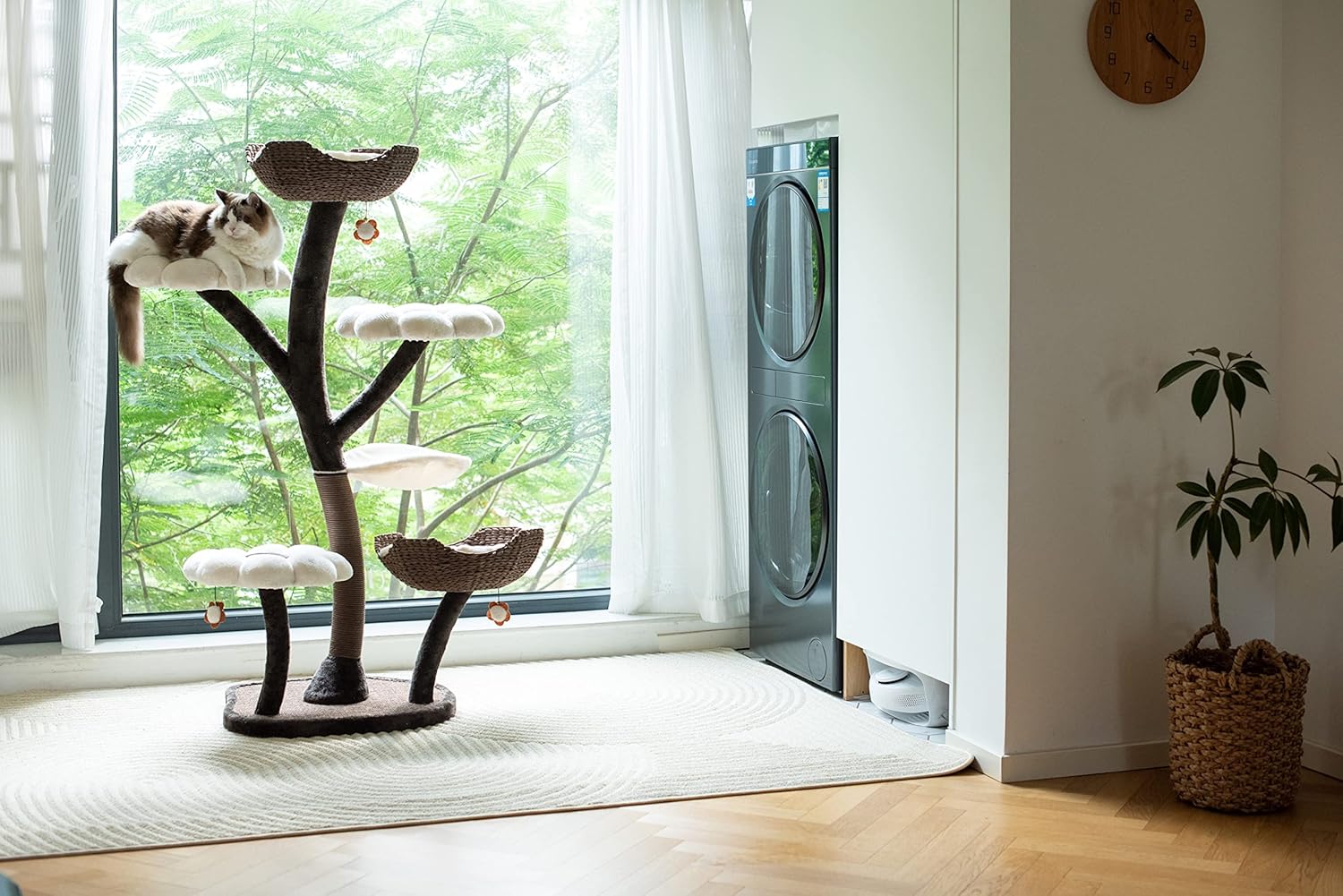 Catry Cat Tree - Woodowoodo - All-in-One Cat Tower with Cat Scratching Post, Cat Hammock, Hand Woven Paper Baskets, & Teasing Toy