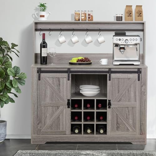Coffee Bar Cabinet with Storage,47" Farmhouse Kitchen Buffet Sideboard with Sliding Barn Door and Adjustable Shelves,Liquor Cabinet Bar for Home,Dining Living Room(Grey)