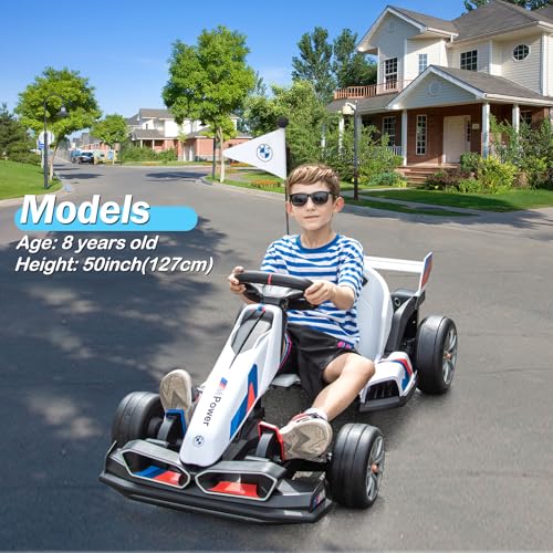 36V Electric Go Kart for Kids, Licensed BMW Battery Powered Drift Racing Go Kart, 7.5 MPH Drift Kart with Dual 300W Powerful Motor, Kids Race Pedal Go Karting Car w/Adjustable Speed, White