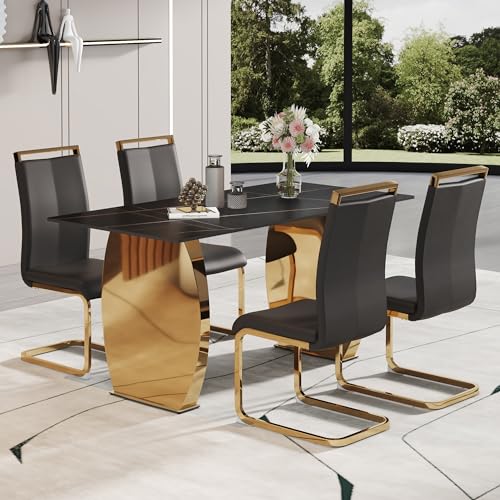 63" Luxury Black Sintered Stone Dining Table Room Sets for 6,Modern Dining Table sets for 6,Black Dining Table with Stainless Steel Golden Legs with 6 PU leather Dining Chairs for Kitchen