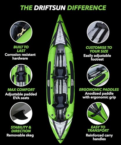 Driftsun Almanor Inflatable Kayak - Inflatable Touring Kayak - Inflatable 1 and 2 Person Kayaks for Adults with EVA Padded Seats, High Back Support, Paddles, Pump (1 Person, 2 Person, 2 Plus 1 Child)