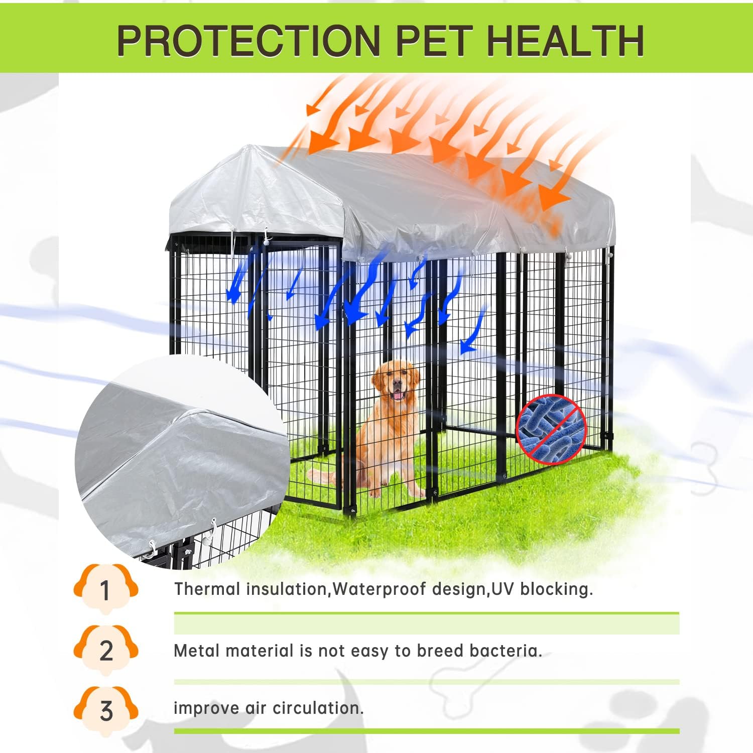 Dog Kennel Outdoor for Large Dog Heavy Duty Dog Fence Cage 8 X 4 X 6ft Metal Welded Wire Dog Pen with UV-Resistant Waterproof Roof