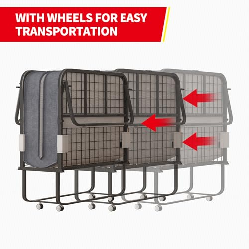 MUZZ Folding Bed with 5" Memory Foam Mattress,Rollaway Bed with Headboard for Adults, Portable Foldable Bed with 4 Lockable Wheels and Metal Frame for Living Room,Guest Room (75" x 31")