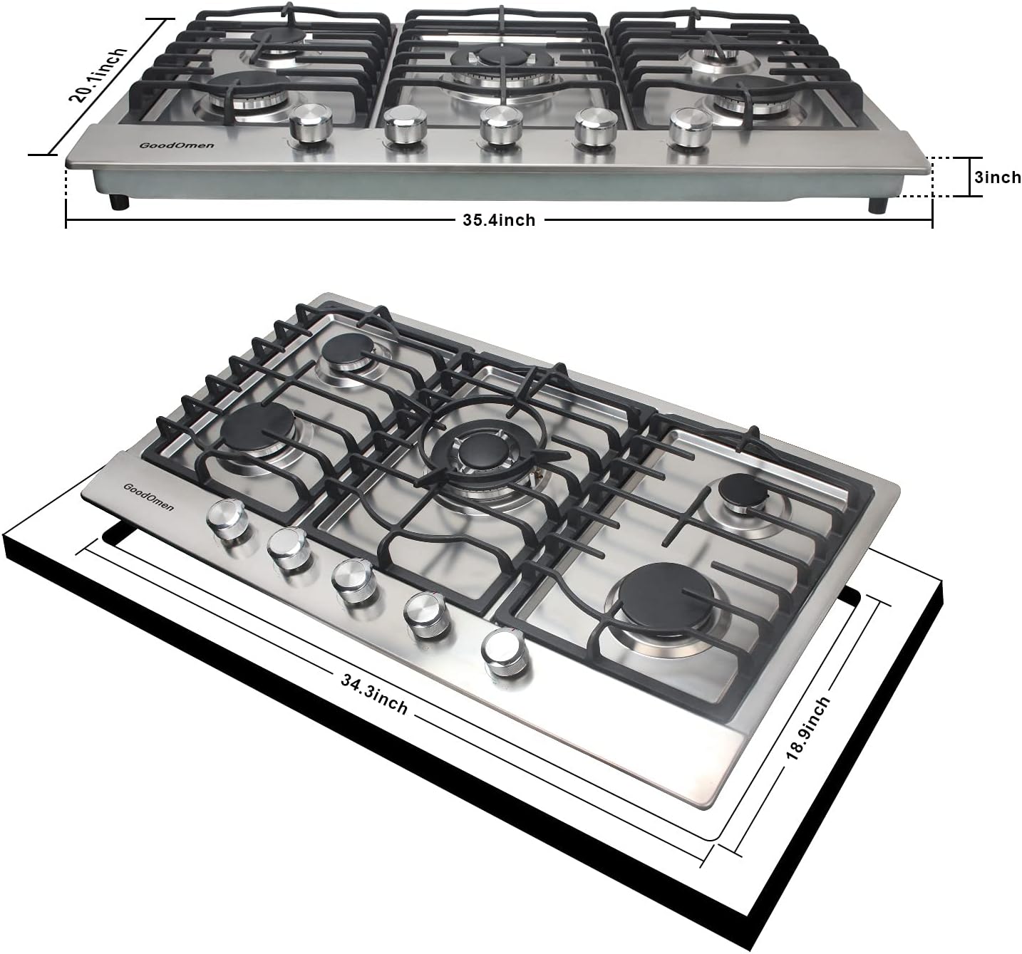 Gas Cooktop 36 inch with 5 Sealed Burners in Stainless Steel, Built-in Stovetop with Thermocouple Protection, Gas Stove Top with Cast Iron Grates, Gas Hob with LPG/NG Convertible and Easy to Clean