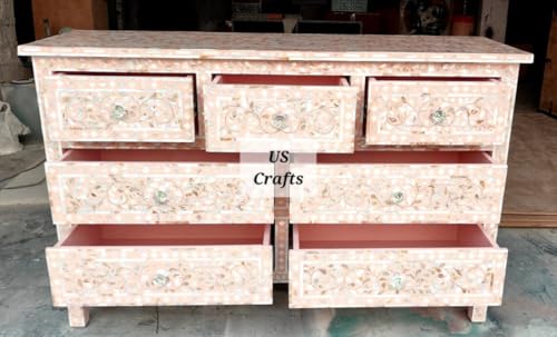 Inlay Floral Design Hand Painted Wooden Chest of Drawers for Bedroom, Living Room, Dining Room, Office, Home Decor, Pink (Gray)