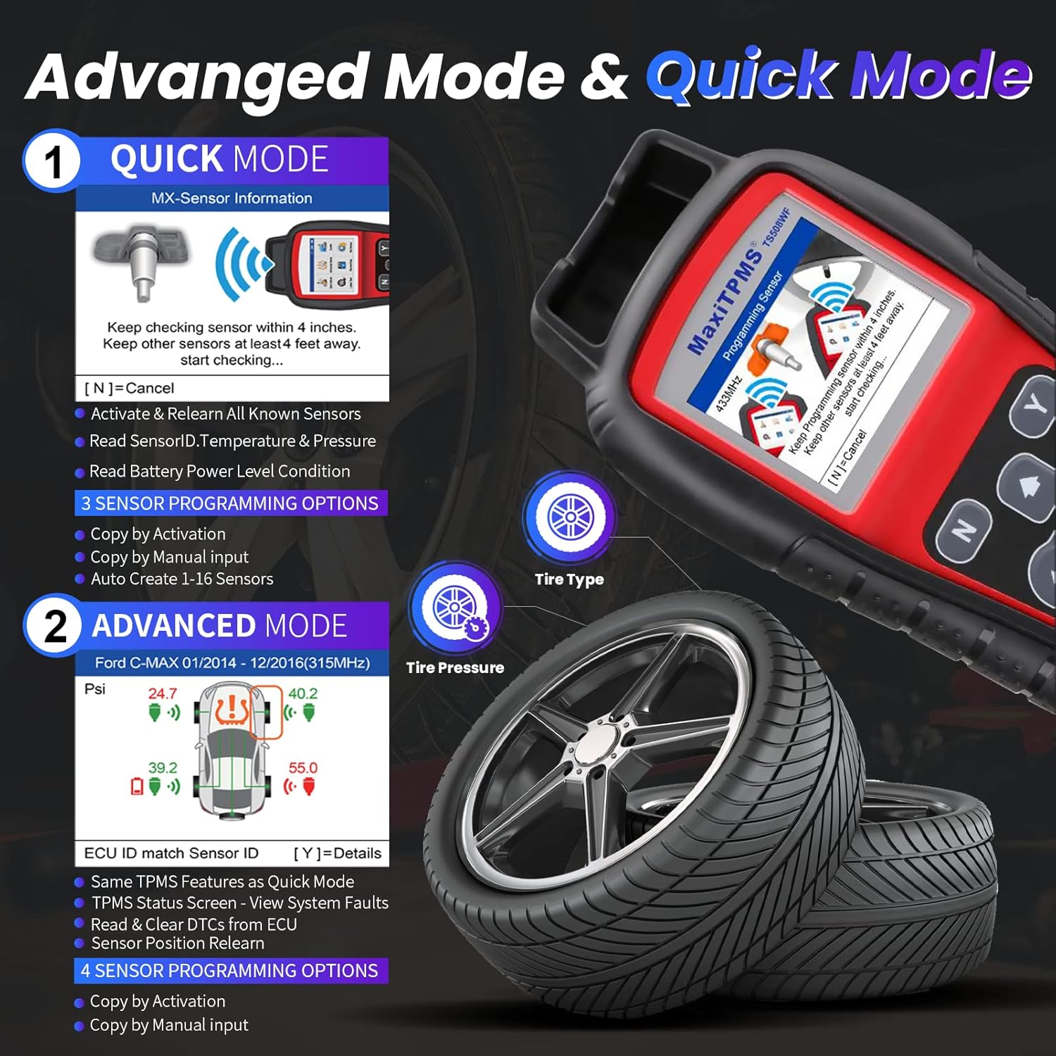 Autel MaxiTPMS TS508WF Kit TPMS Tool, 2024 Newest TPMS Relearn Tool with 4PCS 315+433MHz Sensors, Updated of Autel TS408/TS508, Top TPMS Scanner for TPMS Reset/Activation/Program, Program MX-Sensors