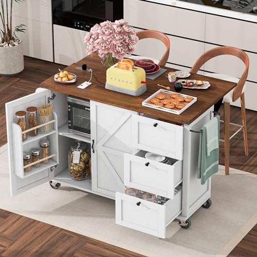 54.5" Farmhouse Mobile Kitchen Island with Power Outlet, Drop Leaf, Spice Rack and Drawer - Rolling Kitchen Cart with Ample Storage, Rustic Storage Islands for Home and Dining Room