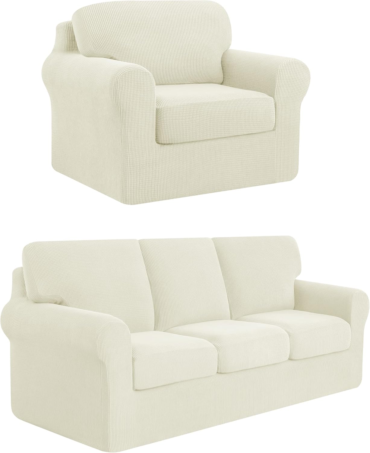 Subrtex 3 Piece Armchair Cover Bundles 7 Piece Sofa Cover Stretch Couch Slipcover with Separate Backrest Covers and Cushion Covers Slipcover Sets for Living Room（Small+Large,Ivory）