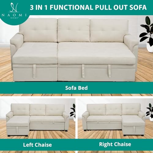 Naomi Home Jenny Sectional Sofa Sleeper with Storage Chaise, Tufted Pull Out Couch with Storage, L-Shaped Reversible Sleeper Sofa with Storage, Black,Air Leather