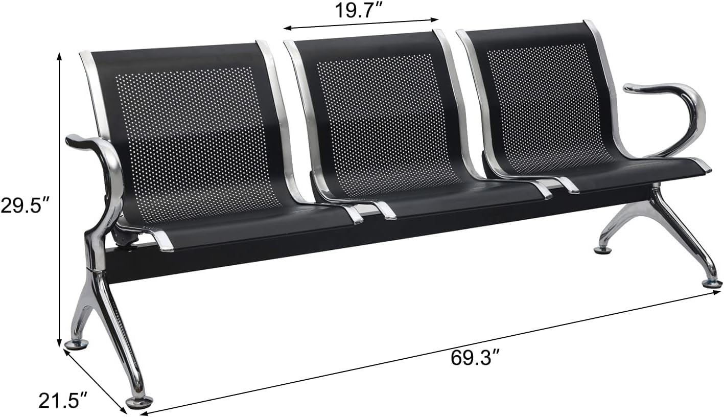 Kinsuite Waiting Room Chairs with Arms - 3-Seat Waiting Room Bench Airport Reception Bench, Lobby Bench Seating Office Bench Waiting Area Chairs for Airport Business Hospital Market, Black