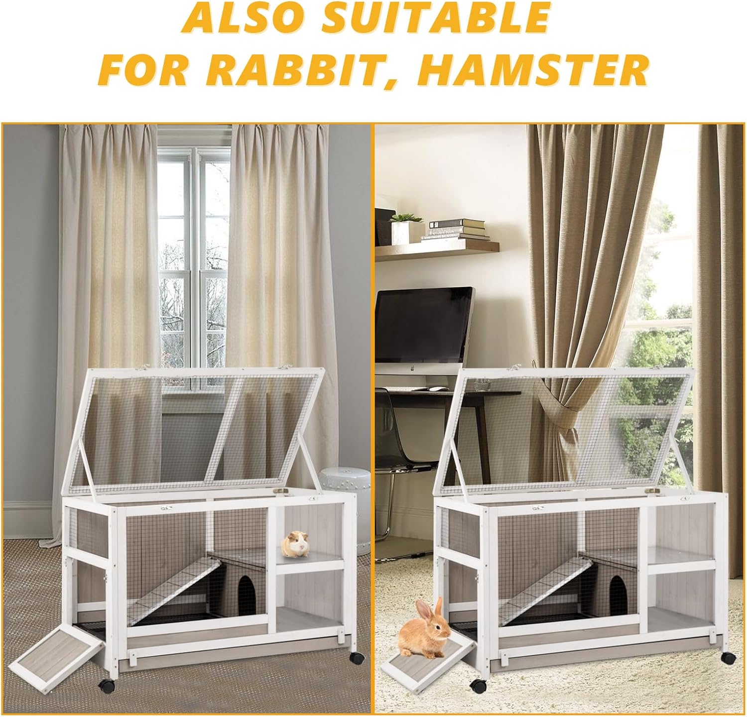 Guinea Pig Cages Indoor, Rabbit Cage on Wheels, Easy Clean Hamster Cage with Pull Out Tray, Small Animals Cage with Ramp Large Habitat for Hedgehog Gerbil & Rat