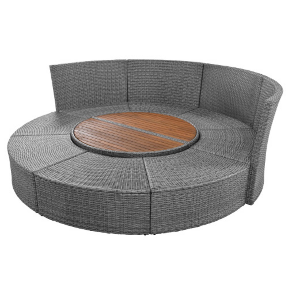 TOPMAX Patio 5-Piece Round Rattan Sectional Sofa Set All-Weather PE Wicker Sunbed Daybed with Round Liftable Table and Washable Cushions for Outdoor Backyard Poolside Beige + Rattan + Foam