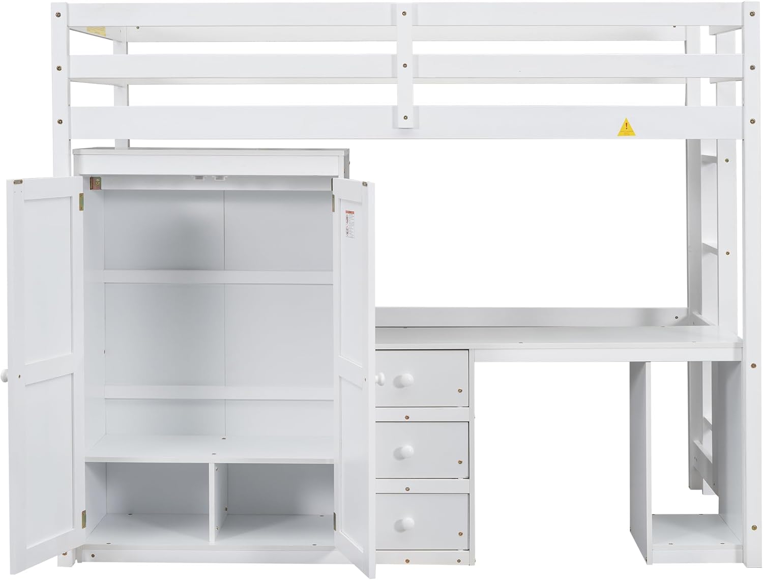 Twin Size Wood Loft Bed with Wardrobe, Desk and Storage Drawers, Versatile Wooden Loft Bed Frame with Large Storage Space for Kids, Boys and Girls, Space-Saving Design, Twin, White