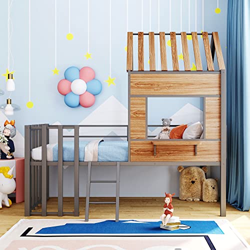 Harper & Bright Designs Kids House Beds Low Loft Bed Frame with Roof, Window, Guardrail and Ladder, Metal Twin Size Loft Bed for Kids Teens Girls Boys (Twin, White)