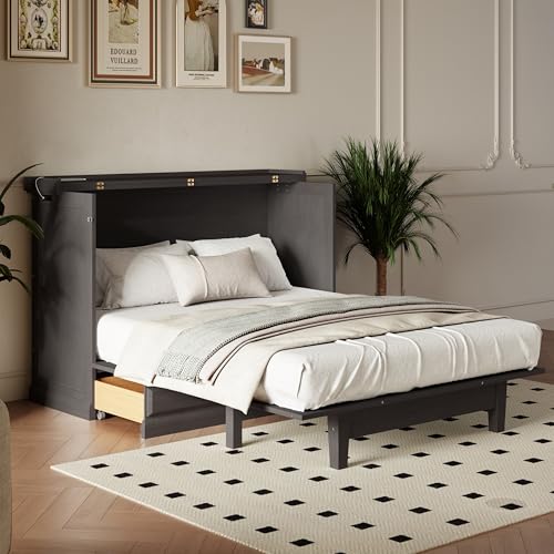P PURLOVE Queen Size Murphy Bed Cabinet,Chest Cube Cabinet Bed with Charging Station and Large Storage Drawer,Space Saving Wall Bed for Living Room,White