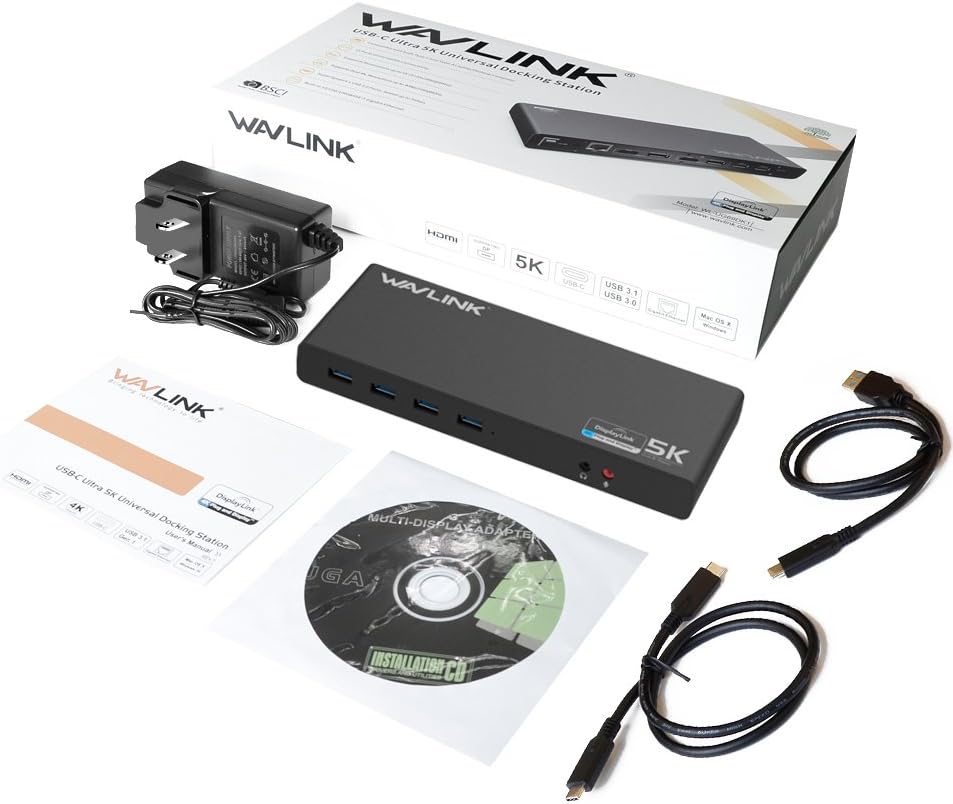 WAVLINK USB 3.0 Universal Laptop Docking Station,USB C to 5K/ Dual 4K @60Hz Video Outputs Dual Monitor for Windows and Mac,(2 HDMI & 2 DP, Gigabit Ethernet, 6 USB 3.0,Audio)