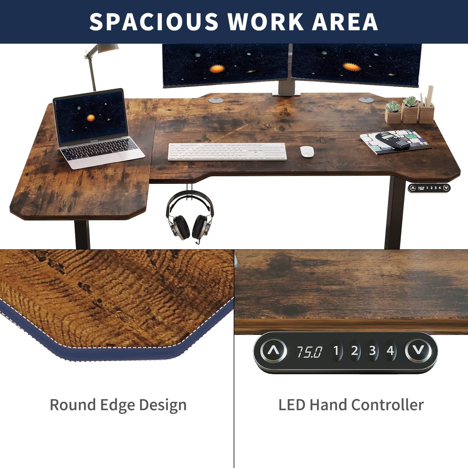 59'' L Shaped Electric Height Adjustable Standing Desk, Sit to Stand Home Office Computer Desk with Black Frame & Rustic Brown Top