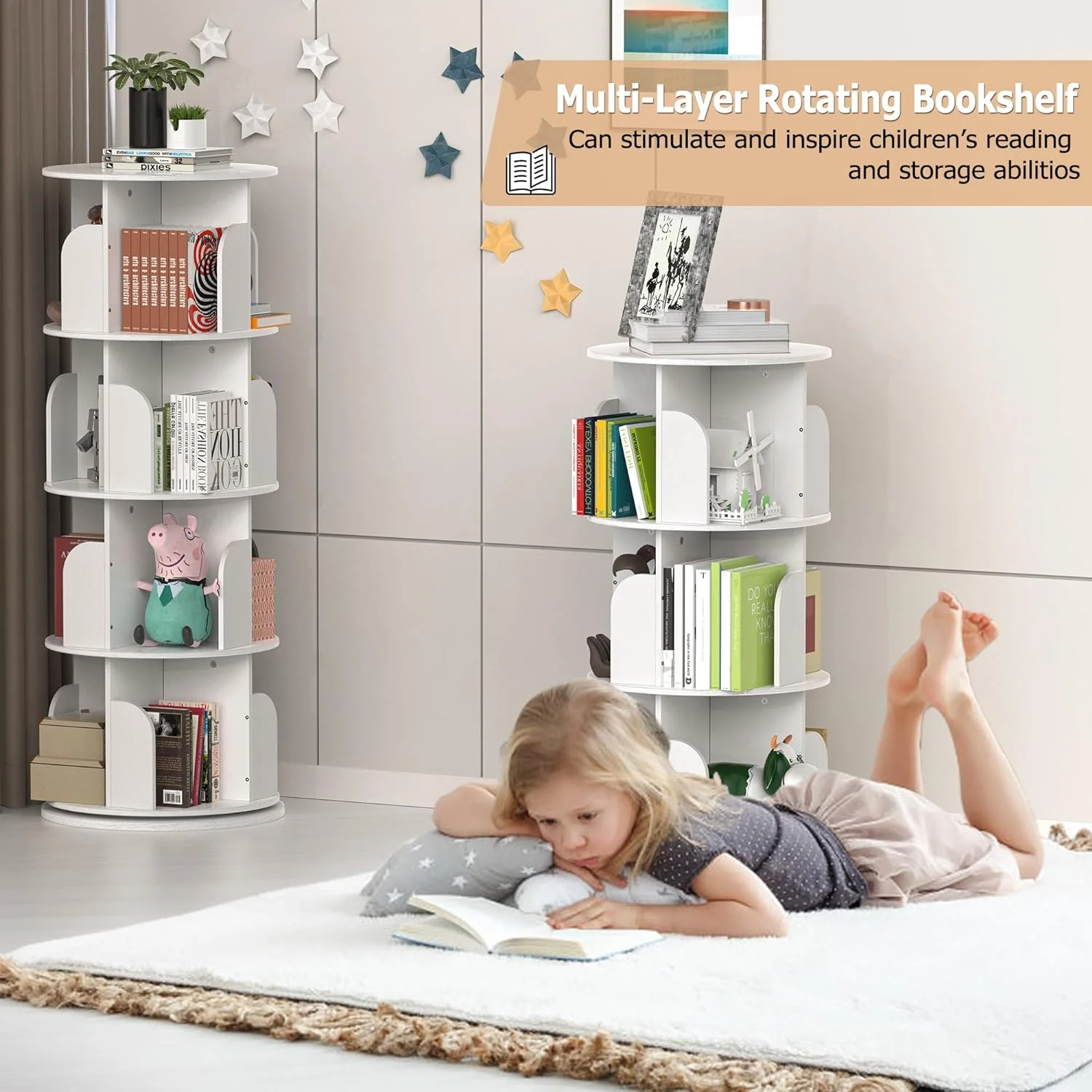 Rotating Bookshelf, Small Bookshelf for Small Space, 360 Display 4 Tier Floor Standing Bookcase Storage Rack, Wood Narrow Book Shelf Organizer for Bedroom, Living Room (White)